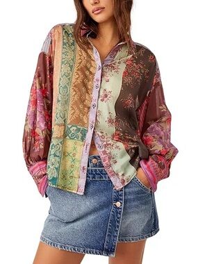 Free People Floral Patchwork Button-Up Shirt Oversized Cotton Size S EUC Boho